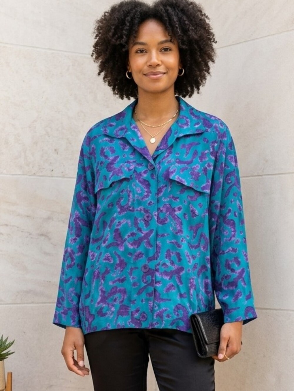 Vintage Linda Allard for Ellen Tracy 100% Silk Abstract Print Blouse Small